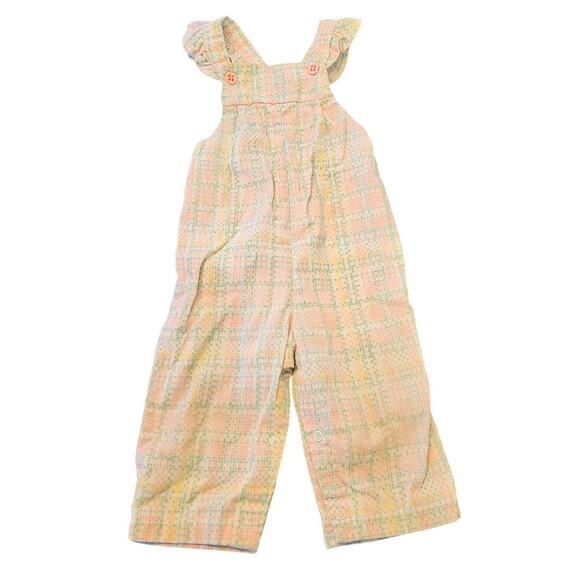 Vintage 1970s Healthtex Baby Girls Sz 18M Corduroy Jumpsuit Romper Plaid Pink - Picture 1 of 4